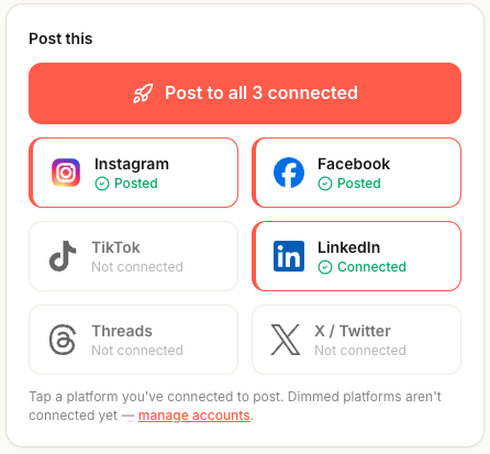 ZippityOne's Post panel — Instagram and Facebook posted, LinkedIn connected, with a 'Post to all 3 connected' button