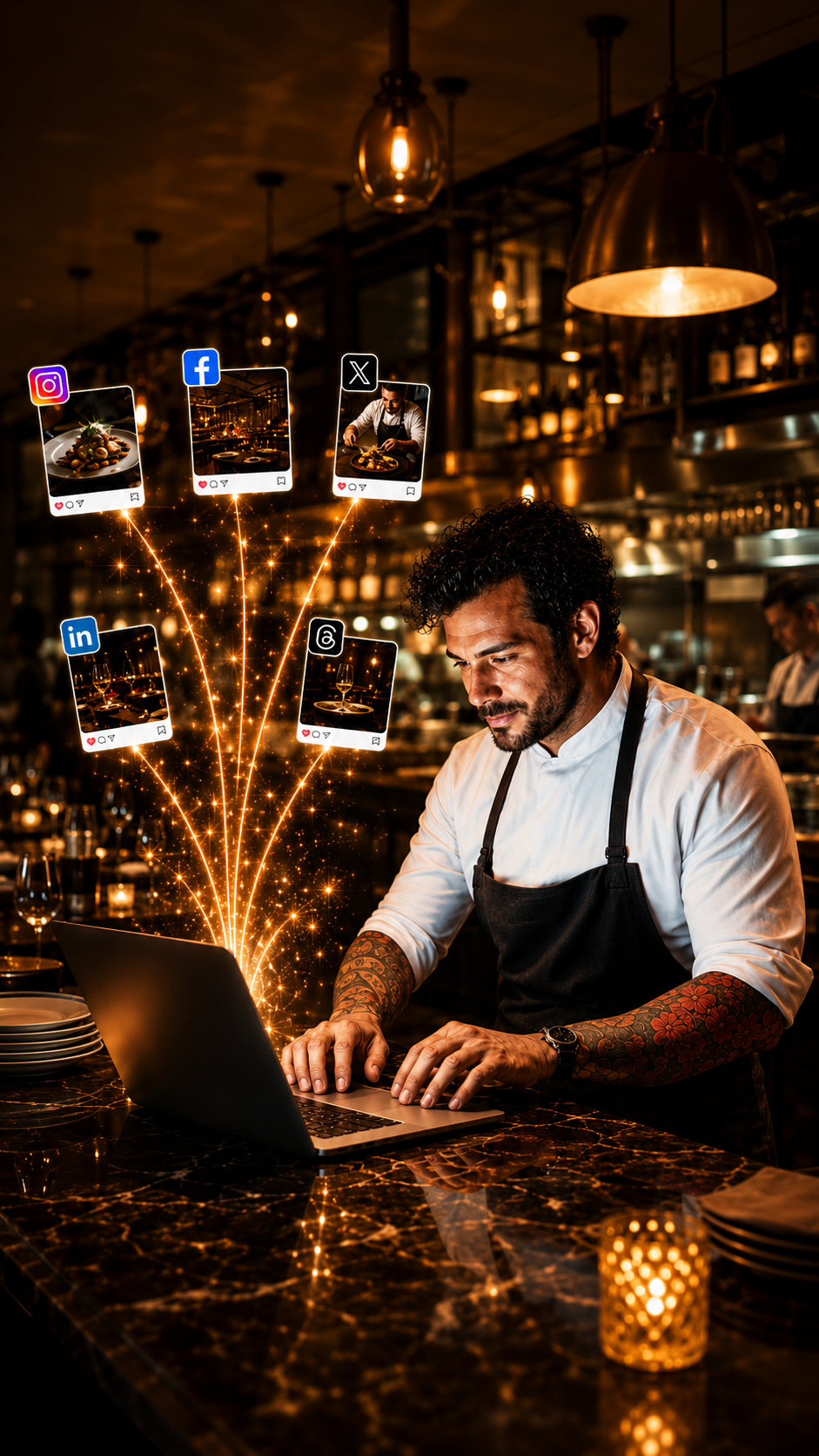 Chef at a laptop in a warm restaurant, social posts streaming from the screen