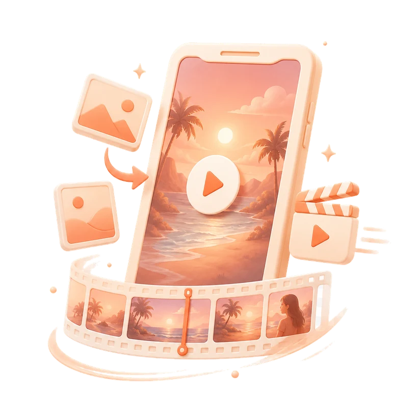 A 3D illustration of a phone playing a video, with a play button, film strip and a video clip