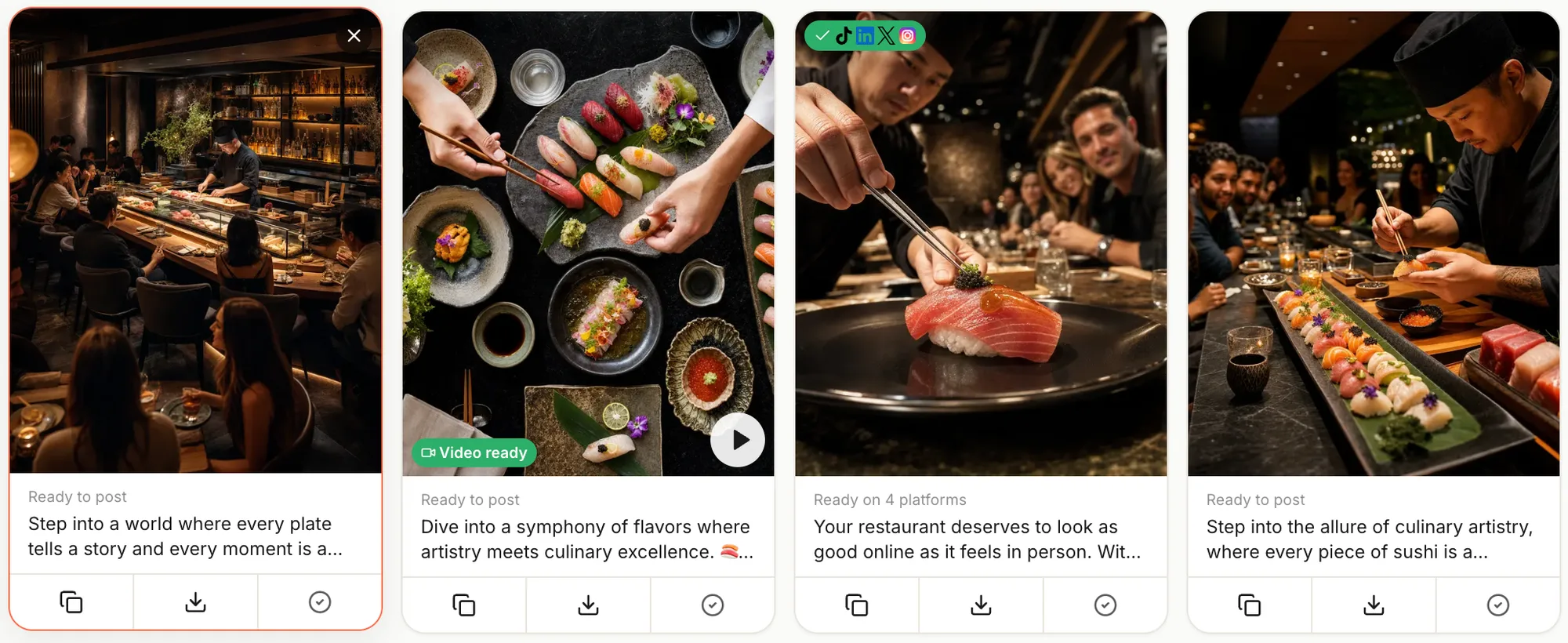 A row of four finished ZippityOne posts for one sushi restaurant — each an on-brand photo with its caption, marked ready to post
