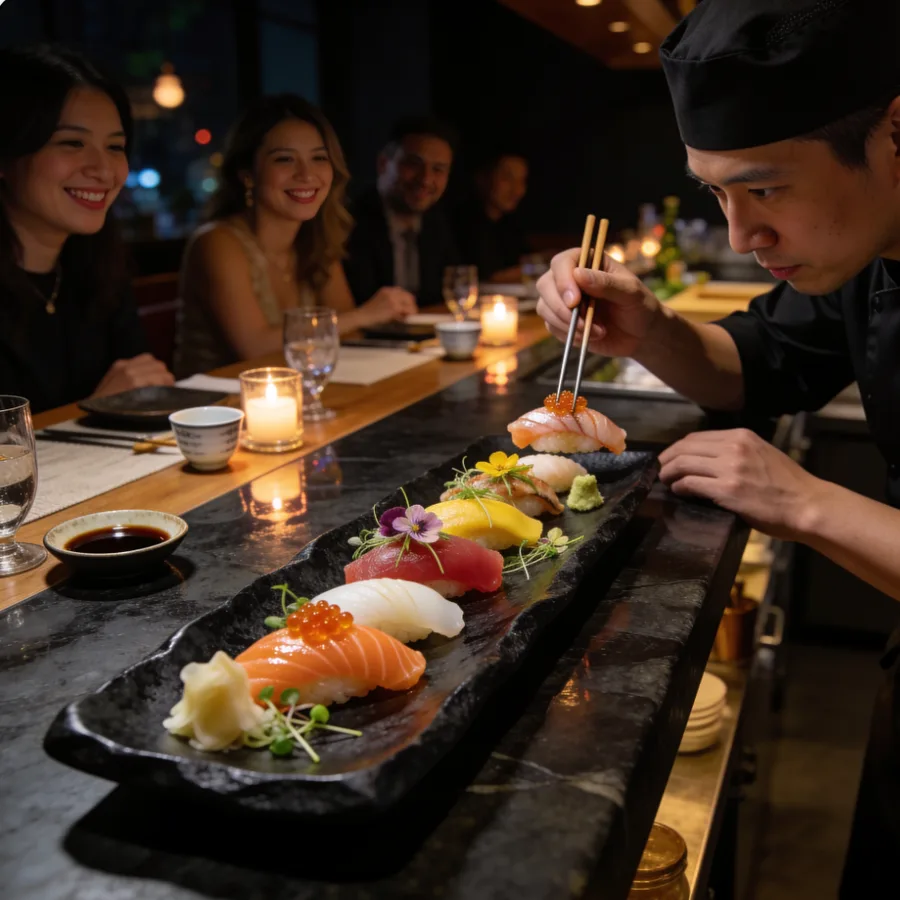 A finished ZippityOne post — an AI-made image of a chef finishing nigiri on a long platter of omakase sushi as stylish guests look on, ready to post